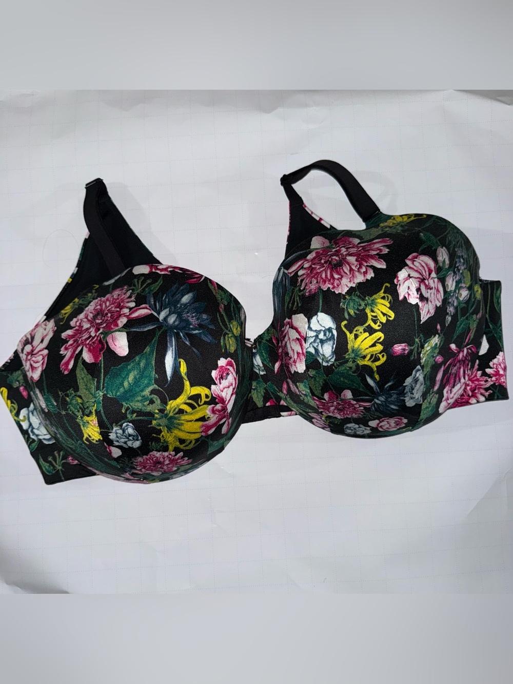 Cacique nwot Black Floral Underwire Bra with Pink & Yellow Flowers